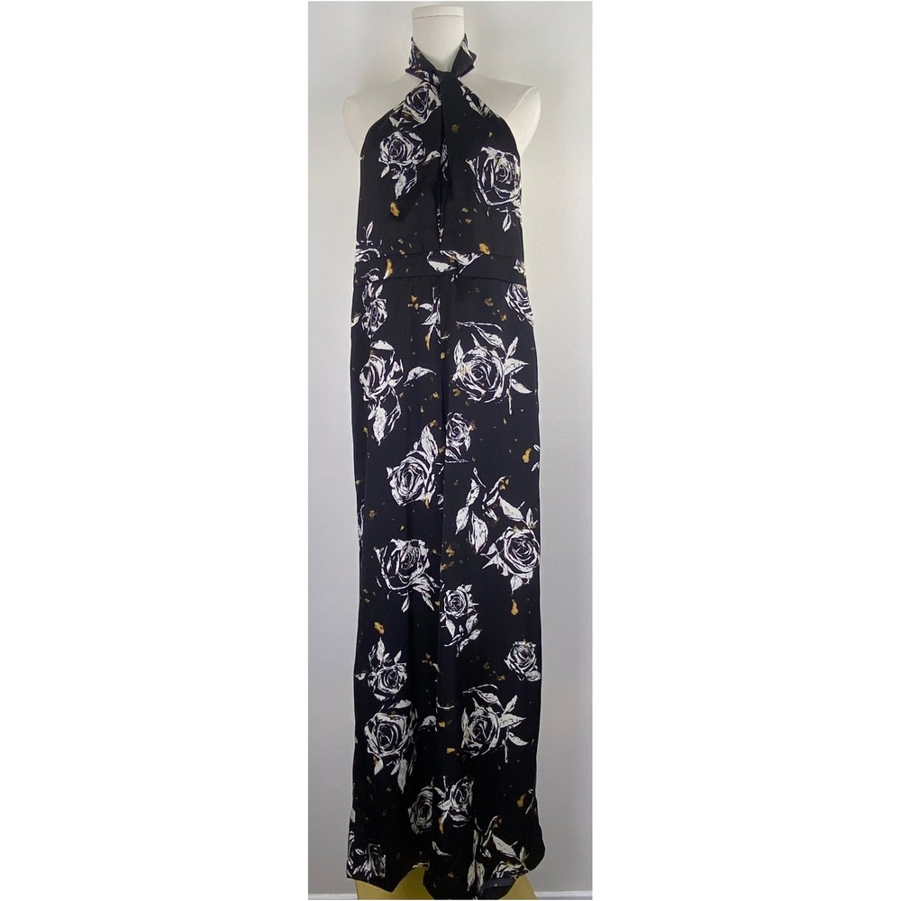 Petal & Pup Raelynn Halter Jumpsuit Size S Black Floral Wide Leg Evening Chic